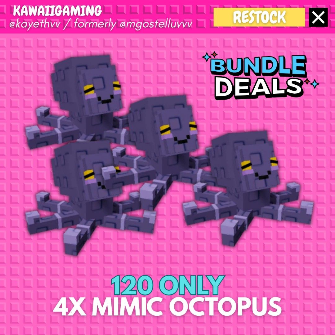 [ 4PCS BUNDLE ] MIMIC OCTOPUS GROW A GARDEN PET ROBLOX (Category: In-Game Products) located in Cavite. Submitted by kawaiigaming (Listing ID 1395992137, Image 1). Description: 𐙚⋆.˚ kawaiigaming .ᐟ.ᐟ selling #growagarden pet & sheckles .ᐟ ♡ Pet ability can be seen on the 2nd photo. ♡ Always check my listings for more items. ♡ All pets available, some are pre-order and some are onhand— feel free to dm me what you need. ♡ Strictly not going first. 
