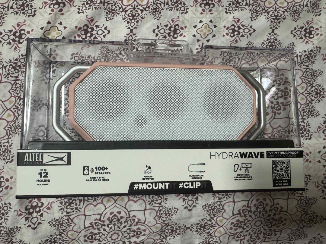 Altec Lansing HydraWave Wireless Speaker (Category: Soundbars, Speakers & Amplifiers) located in Manila. Submitted by brielliant (Listing ID 1396037502, Image 2). Description: - Altec Lansing HydraWave: Wireless speaker for music on the go! - Up to 12 hours of playtime. - Bluetooth connectivity. - Pair with 100+ speakers. - IP67 waterproof and floats. - Includes bungee cord and carabiner clip. - Designed and engineered in the USA. New, sealed nev