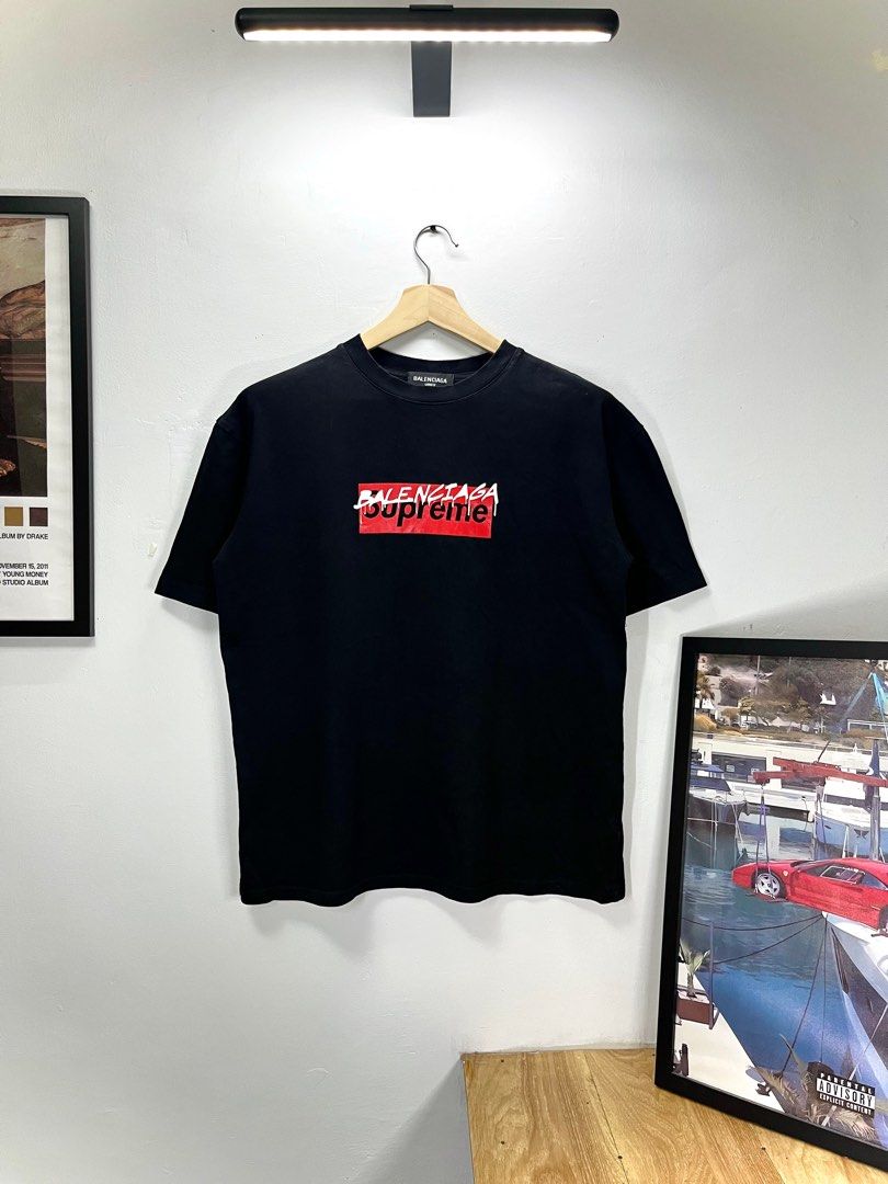 Balenciaga Supreme T-shirt (Category: Tshirts & Polo Shirts ) located in Cavite. Submitted by robievillon (Listing ID 1396093220, Image 1). Description: 22x27” XL on tag - Balenciaga T-shirt - Black color - Size: XL - Made in Italy - Features a unique Balenciaga x Supreme logo design - Crew neck and short sleeves.