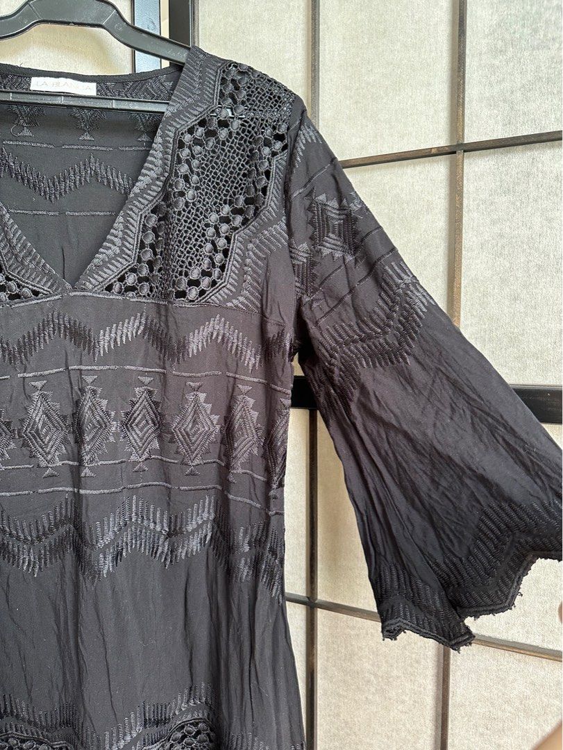 Black Embroidered Dress (Category: Dresses) located in Manila. Submitted by echrise (Listing ID 1395953691, Image 2). Description: Bust - 41” Length - 32” Can be used as cover up. - La Blanca black dress - Intricate embroidery details - V-neckline - Three-quarter sleeves - Relaxed fit - Geometric and floral patterns - Crochet-like design on neckline and hem .