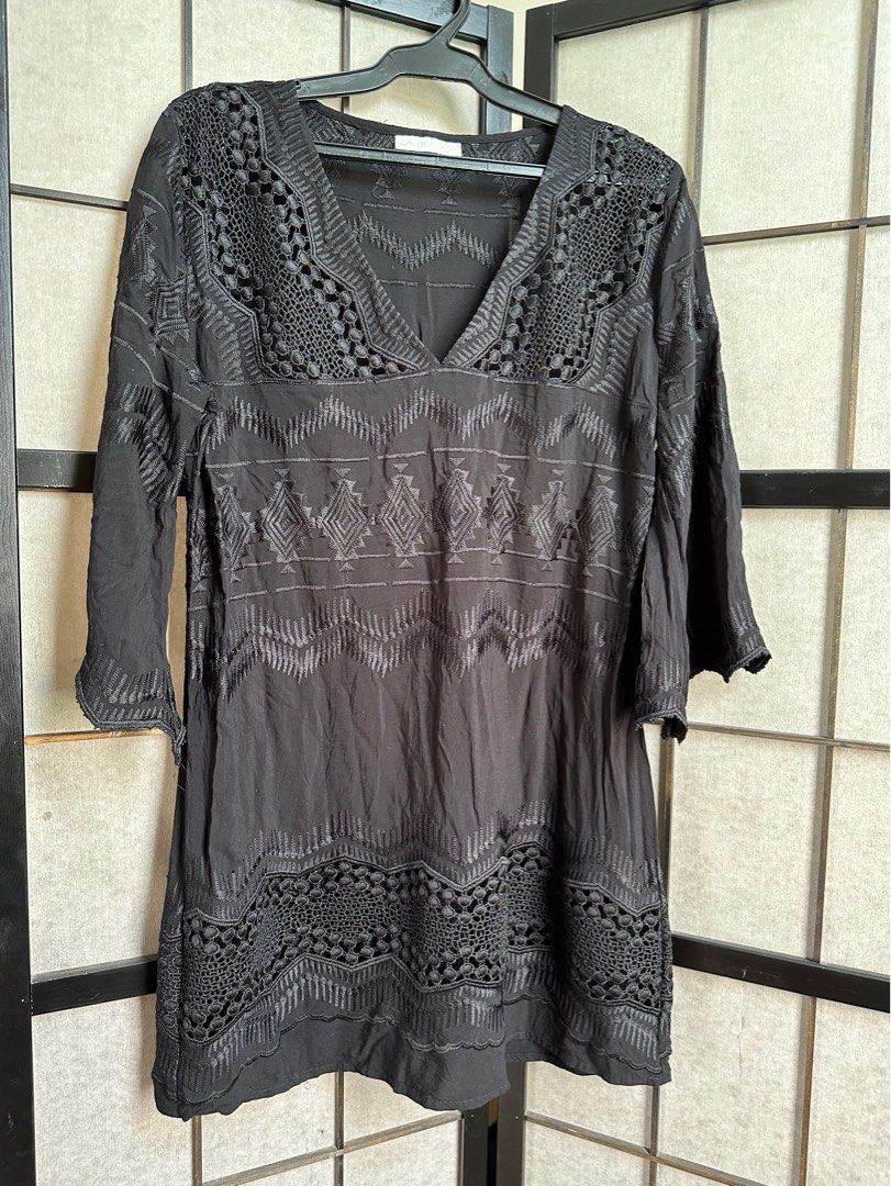 Black Embroidered Dress (Category: Dresses) located in Manila. Submitted by echrise (Listing ID 1395953691, Image 1). Description: Bust - 41” Length - 32” Can be used as cover up. - La Blanca black dress - Intricate embroidery details - V-neckline - Three-quarter sleeves - Relaxed fit - Geometric and floral patterns - Crochet-like design on neckline and hem .