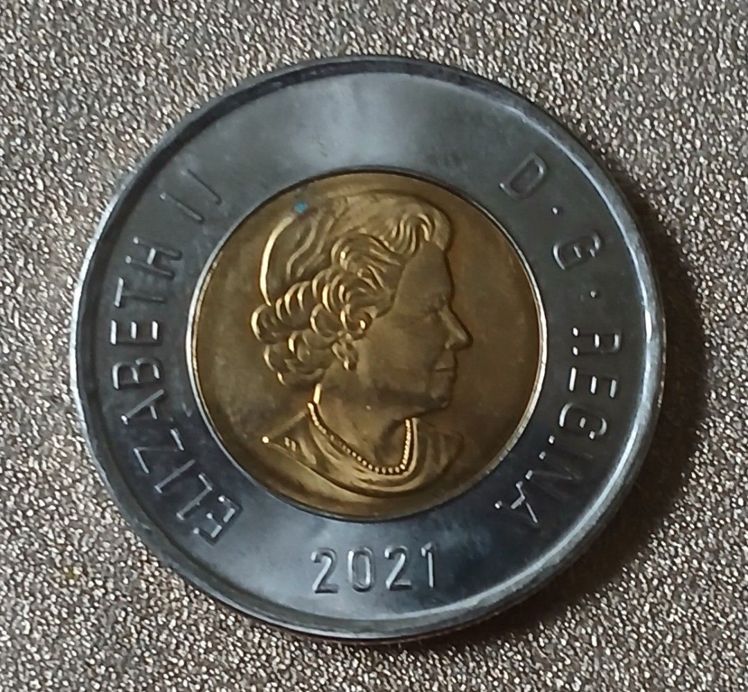 Canadian 2 Dollar Coin 2021 (Category: Currency) located in Lipa City. Submitted by MAGBABALOT7 (Listing ID 1395986176, Image 2). Description: - Canadian $2 coin - Year: 2021 - Features a polar bear design - Includes Queen Elizabeth II - Made of two different metals.