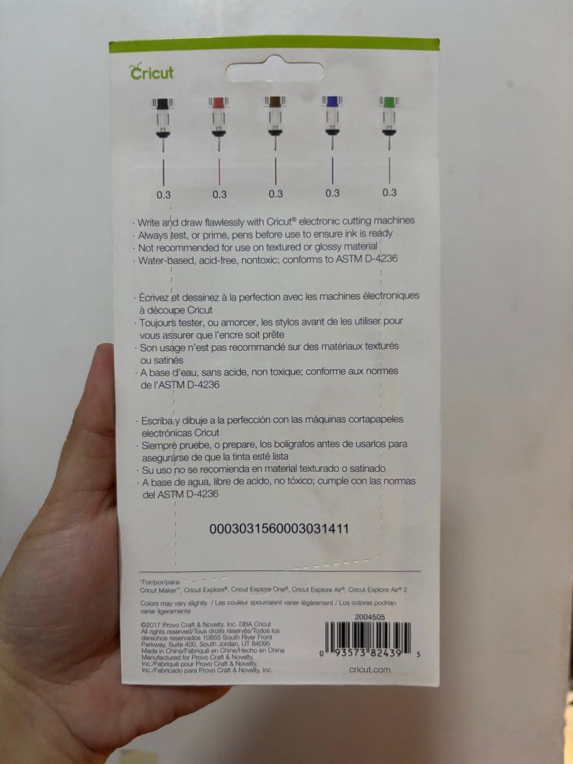 Cricut Extra Fine Point Pen Set (Category: Craft Supplies & Tools) located in Quezon City. Submitted by nadz.b (Listing ID 1396014396, Image 2). Description: - Cricut Extra Fine Point Pens set - Includes 5 pens: black, red, brown, blue, green - 0.3mm tip - Designed for Cricut electronic cutting machines - Water-based, acid-free, and non-toxic - Not recommended for textured or glossy materials.