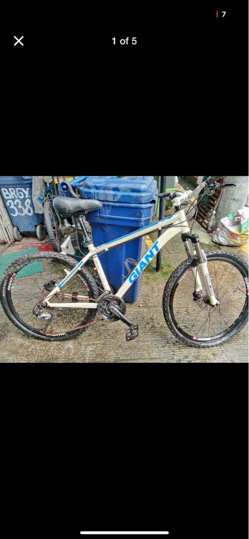 Giant ATX Mountain Bike (Category: Bicycles) located in Manila. Submitted by outofcloset2023 (Listing ID 1395944352, Image 3). Description: - Giant ATX mountain bike - White frame with blue accents - Shimano Alera rear derailleur - Suntour XCT front suspension - Bontrager wheels.
