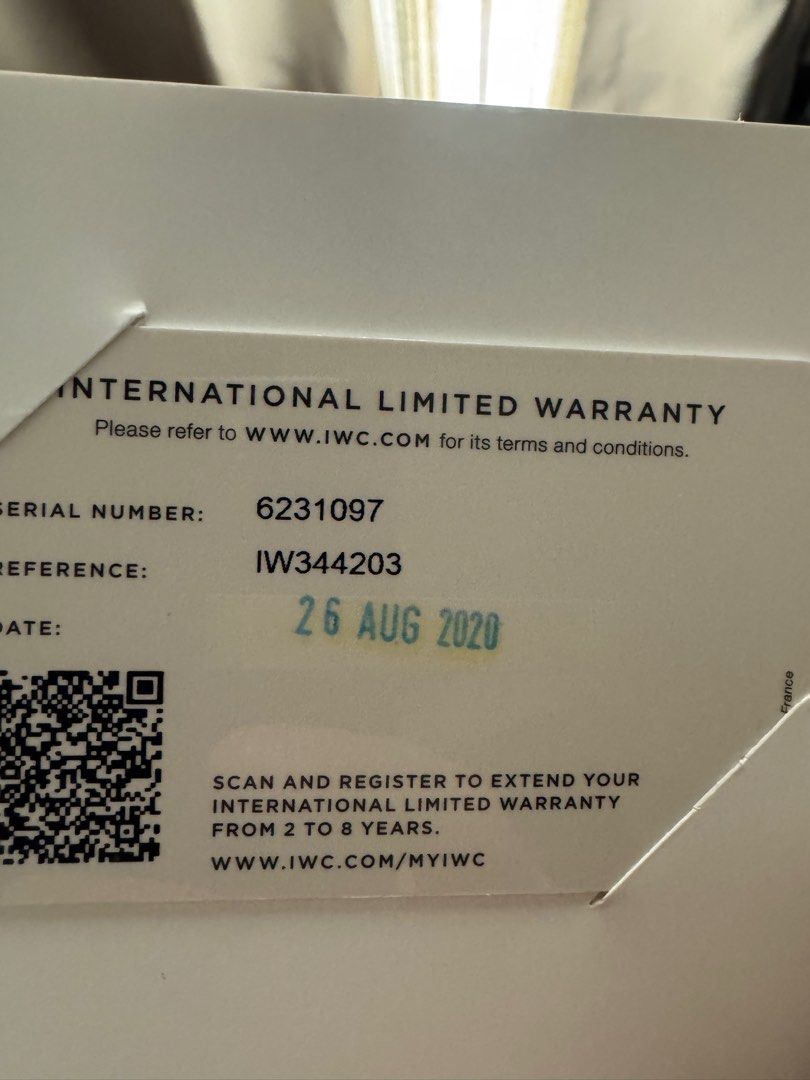 Cheapest IWC Perpetual Calendar Watch - IW344203 - August 2020 (Negotiable) (Category: Watches) located in Singapore. Submitted by jasonu19 (Listing ID 1395946334, Image 2). Description: - Authentic IWC Perpetual Calendar 42 - stainless steel - Serial Number: "6231097" - Reference Number: "IW344203" - Purchase Date: August 26, 2020 - Warranty: Refer to IWC website for details - Extend International Limited Warranty: Scan QR code.