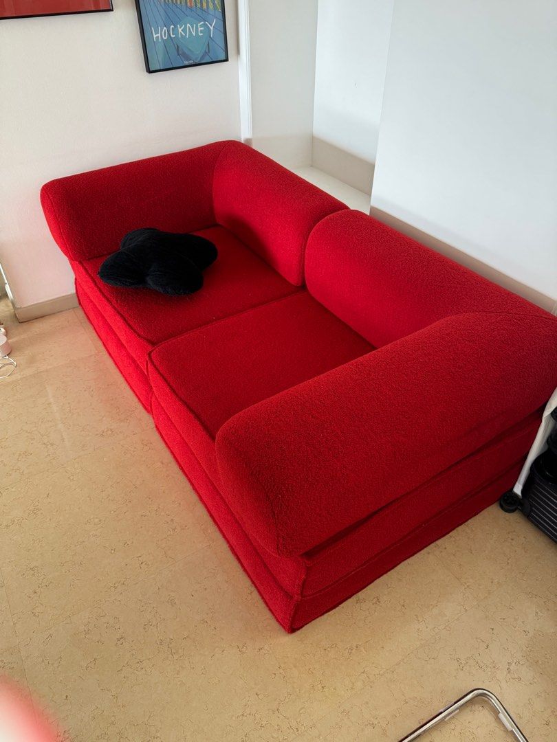 Red Modular Sofa (Category: Sofas) located in Singapore. Submitted by fany3131 (Listing ID 1395981221, Image 1). Description: Can change make bed and 2 piece - Stylish red modular sofa - Unique, rounded design - Ideal for small spaces - Includes two separate modules.