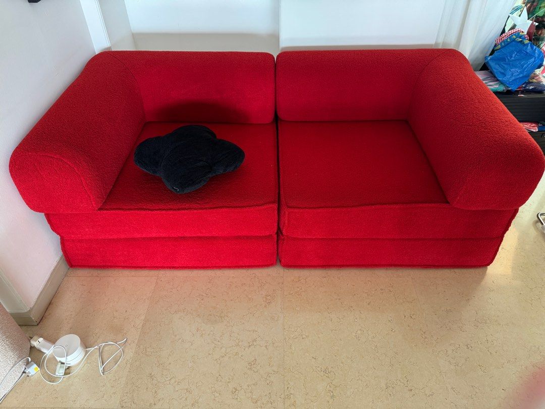 Red Modular Sofa (Category: Sofas) located in Singapore. Submitted by fany3131 (Listing ID 1395981221, Image 3). Description: Can change make bed and 2 piece - Stylish red modular sofa - Unique, rounded design - Ideal for small spaces - Includes two separate modules.