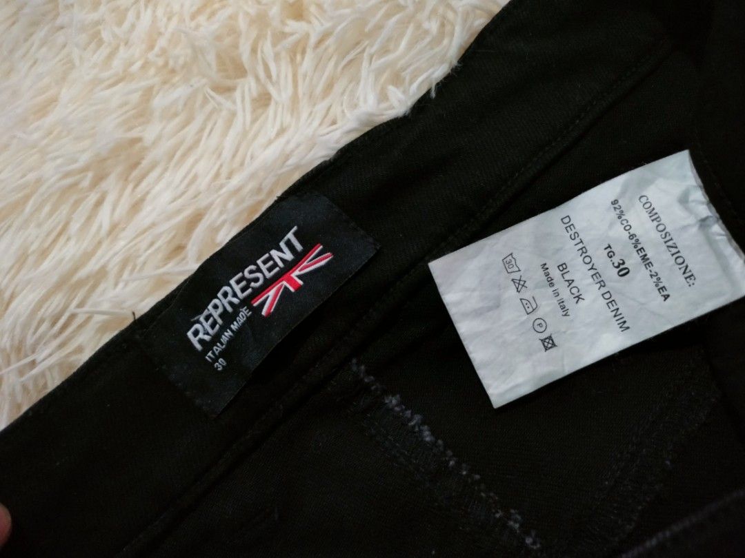 Represent Destroyer Black Jeans (Category: Jeans) located in Manila. Submitted by naixrazion199x (Listing ID 1395995846, Image 3). Description: - Represent Destroyer Black Jeans - Size 30-32 - Made in Italy - Distressed detailing on knee - Represent branded buttons and rivets.