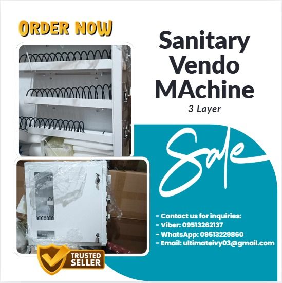 Sanitary 3 layers vendo machine (Category: Refrigerators and Freezers) located in Caloocan City. Submitted by clevertiger-b8cb (Listing ID 1395976695, Image 1). Description: 1. Machine Size: W52*d12.5*H54cm; N. Weight, 13Kg, and g.weight:14kg 2. Selections: 3types, column length 370mm 3. Capacity: 8-20pcs of each, total 24-60pcs 4. Coin mech 1-2coins 5. Full mechanical vending machine, 3 columns are worked with 3 coin mechs, only accept coins 7. 