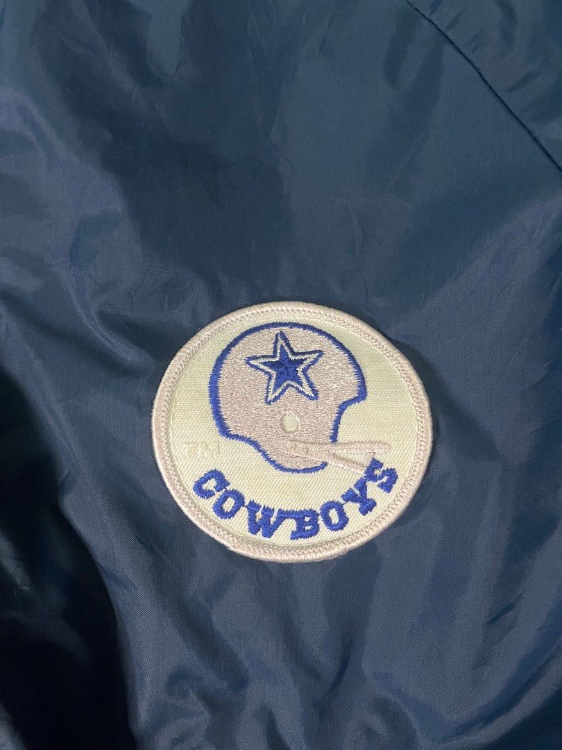 Vintage Dallas Cowboys Jacket (Category: Coats, Jackets and Outerwear) located in Tayabas. Submitted by mandothriftss (Listing ID 1396017512, Image 3). Description: - Vintage Dallas Cowboys jacket - Navy blue with white stripes - Cowboys logo patch - Button-up closure - Two pockets - Size: XL (18-20) - Measurements: W21 L27.5.
