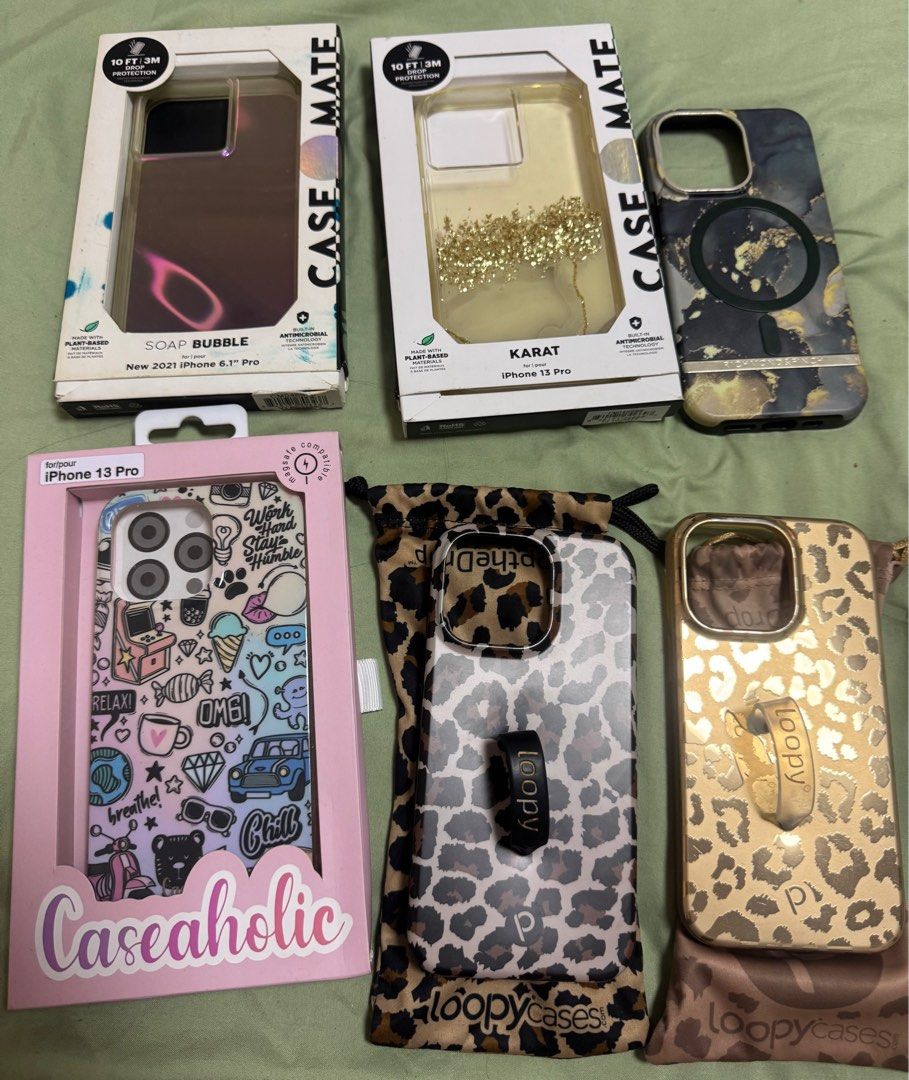 13 pro cases (Category: Cases & Sleeves) located in Quezon City. Submitted by thriftsbyra.s (Listing ID 1399262726, Image 1). Description: Pamigay sale. Open for take all. Branded case for 13 pro. Loopy - 600 Caseaholic - 250 Richmond & Finch - 500 Casemate - 200 Take all- 1600 .