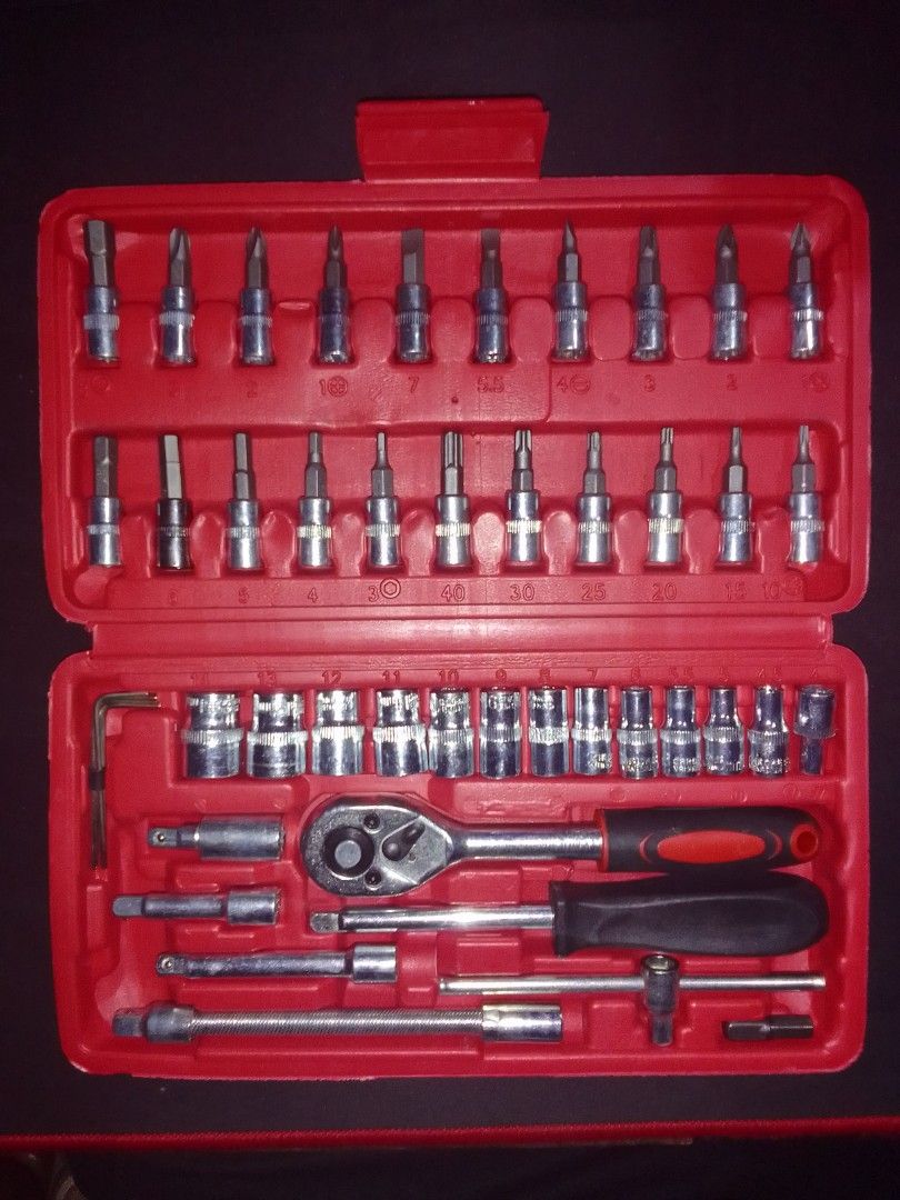 46 Piece Socket Tool Set for Home & Auto (Category: Construction Tools & Equipment) located in Baguio. Submitted by eskimoprime (Listing ID 1399373658, Image 1). Description: Notes: - 46 Pieces - Good Quality - Only used once - Feel free to pm for more pics.