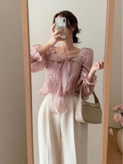 韓國粉色蝴蝶結泡泡袖上衣64221336440321110