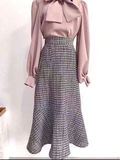 🆕小香風 黑白 拼色 格紋 粗花呢 日系 大擺 中長裙 高腰 橡筋腰 魚尾裙 包臂裙 氣質 優雅 日系 Tweed skirt64226446430593110