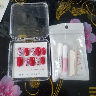 穿戴甲 指甲貼 紅粉閃粉 套裝 M碼短圓64226227894146110