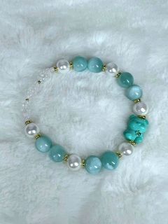 綠海紋×綠松石×白水晶 ~ 單圈DIY 天然水晶手鏈 配 銅飾64225406150658110