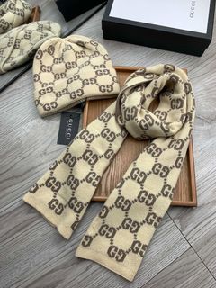 🏆 Purple Diamond Official Store 🏆 Outlet 30% Off Gucci 【Wool Rabbit Fur Set】Khaki Classic Set Hat Scarf64227570893826110