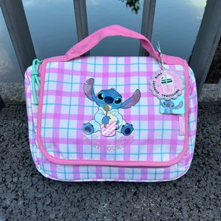 美國 DISNEY STITCH 史廸仔 粉紅色格紋帆布 手提 收納袋64225405879299110