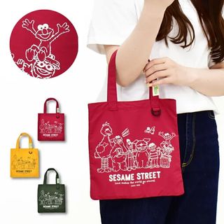 日本 Sesame Street 芝麻街 墨綠紅色帆布 手挽袋64222605112707110