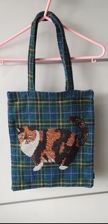 日本松尾美雪藍綠色格子刺繡貓咪手提袋 Tote Bag (99%新)64229675666307110