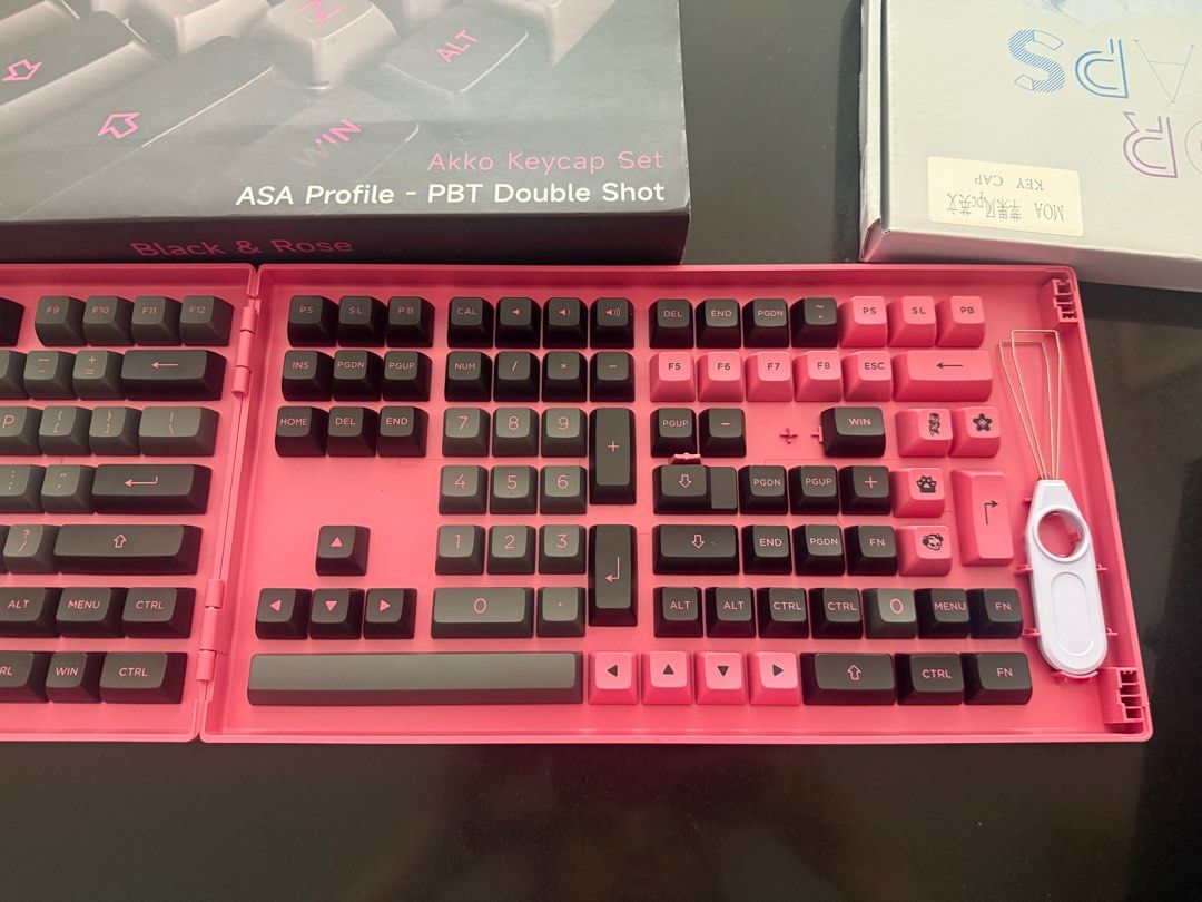 Akko Keycap Set - PBT Double Shot (Category: Computer Keyboard) located in Mandaluyong City. Submitted by shopwithela. (Listing ID 1399328716, Image 3). Description: Akko ASA Keycap Set - PBT Double Shot ASA Profile Color: Black & Rose Used for less than a week only Original price: ₱2,650 from Datablitz FIX PRICE FIX PRICE FIX PRICE MOD: Grab/Lalamove/3rd Party couriers ONLY MOP: GCASH/BPI .