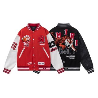AMIRI新款經典毛巾絨刺繡老虎字母LOGO高品質拼皮袖棒球服夾克外套64225600968194110
