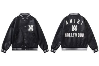 AMIRI美式潮牌新款前後刺繡貼皮字母Logo棒球服皮革外套 男女同款64225600756867110