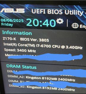 Asus Z170-K motherboard, Intel i7-6700 CPU, Kingston Fury 16GB DDR4 2400 Ram64228050483714110