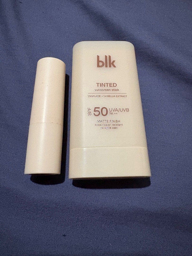 blk Cosmetics Tinted Sunscreen Stick & Lipstick (Category: Makeup) located in Quezon City. Submitted by brandedthingsforless (Listing ID 1399390270, Image 1). Description: - blk Cosmetics Tinted Sunscreen Stick SPF 50: Shade : oat - Matte finish - Sweat and water resistant - blk Cosmetics Fluffmatte Lipstick in "On Repeat": - Nude-brown shade - Both items are swiped once and in original packaging. - sf to be shouldered by buyer.