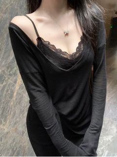 薄款微透小性感黑色慵懶純欲chic百搭V領長袖衫black top64232045747457110