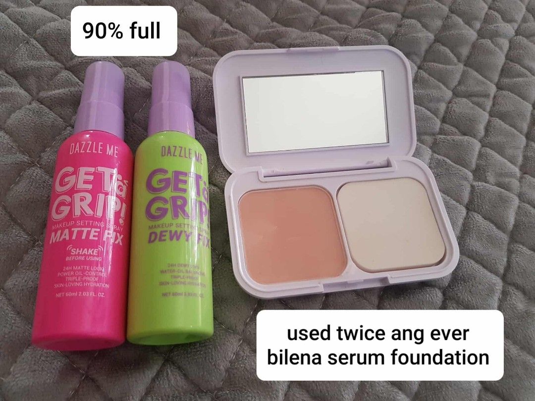 Dazzle Me, Ever Bilena, Issy, Happy Skin Makeup Bundle (Category: Makeup) located in General Santos City (Dadiangas). Submitted by zafshop8 (Listing ID 1399286050, Image 2). Description: Bundle includes Dazzle Me Get to Grip Matte Fix and Dewy Fix setting sprays, Ever Bilena Two Way Cake Serum Foundation in White Beige (used twice), unused Issy Powder Contour Insert in Storm, Sace Lady lipstick, Happy Skin Lip Jelly in Pink Lemonade, and Issy Tru