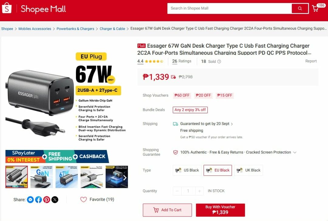 Essager 67W GaN Desk Charger Type C (Category: Chargers & Cables) located in Manila. Submitted by elladejesus.05 (Listing ID 1399249266, Image 1). Description: - Essager 67W GaN Desk Charger - 2 USB-A and 2 Type-C ports - Supports PD and QC fast charging - EU plug - Multiple safety features - Sleek black design - Includes charger and power cable.