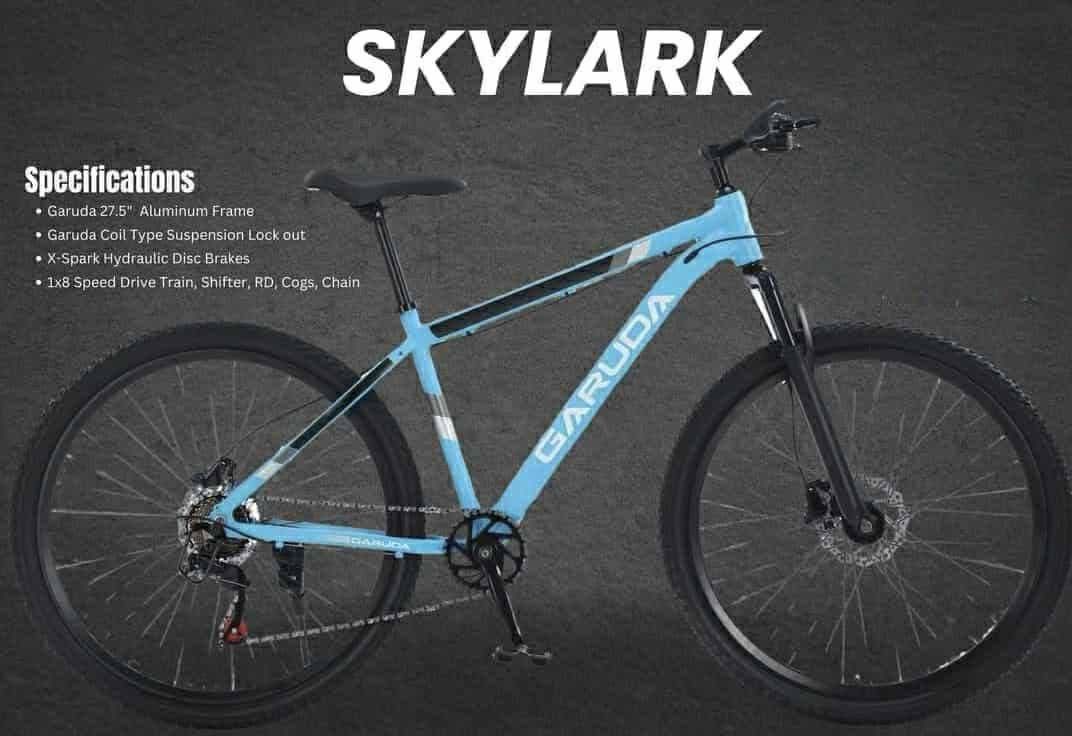 GARUDA SKYLARK 1X8 HYDRAULIC MTB 27.5 (Category: Bicycles) located in Marikina City. Submitted by gemma_00 (Listing ID 1399265313, Image 2). Description: NEW ARRIVAL‼️PINAKAMURANG ALLOY HYDRAULIC MTB 27.5 😱😍 👉GARUDA SKYLARK 1X8 HYDRAULIC MTB 27.5 ₱5,999 ONLY ✅FREE ASSEMBLE AVAILABLE COLORS 🚲Orange 🚲Lightblue 🚲White SPECS: 👇👇👇 ✔️Alloy Frame ✔️Alloy Stem ✔️Alloy Rim ✔️Xspark hydraulic brake ✔️Internal Cabling ✔️Suspension Fork ✔️SAIRO grou