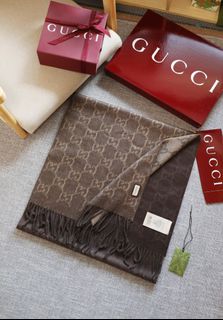 GUCCI 古馳流蘇滾邊經典 GG 圖案絨線圍巾男女同款情侶款棕色64225816670211110