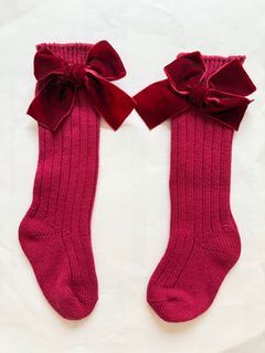 ins女童蝴蝶結中筒針織冷襪聖誕節農曆新年萬聖節派對角色扮演紅色 Burgundy Knee High Socks with Bows Cosplay Halloween Christmas New Year 64225229994370110