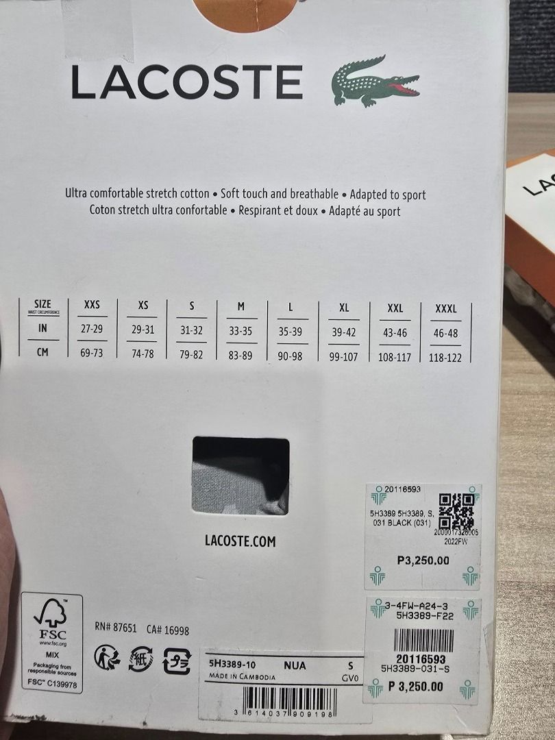 Lacoste Boxer Brief Small Size 31-32 (Category: Underwear) located in Santa Rosa. Submitted by omnicronzxc (Listing ID 1399376963, Image 3). Description: ❌Before: 3,250 ✅️️Now ₱ 2,000 each add shipping J&T PO ✅️Size: S 31 to 32 waist Line po Condition: BRAND NEW rate : 10/10.