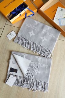 LOUIS VUITTON 時尚印花大 logo 流蘇羊毛絨線圍巾灰色絨線圍巾女款64223507923715110