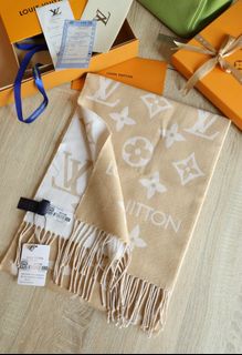 LOUIS VUITTON 流蘇飾邊 Monogram 圖案羊毛絨線圍巾女款棕色64223507930498110