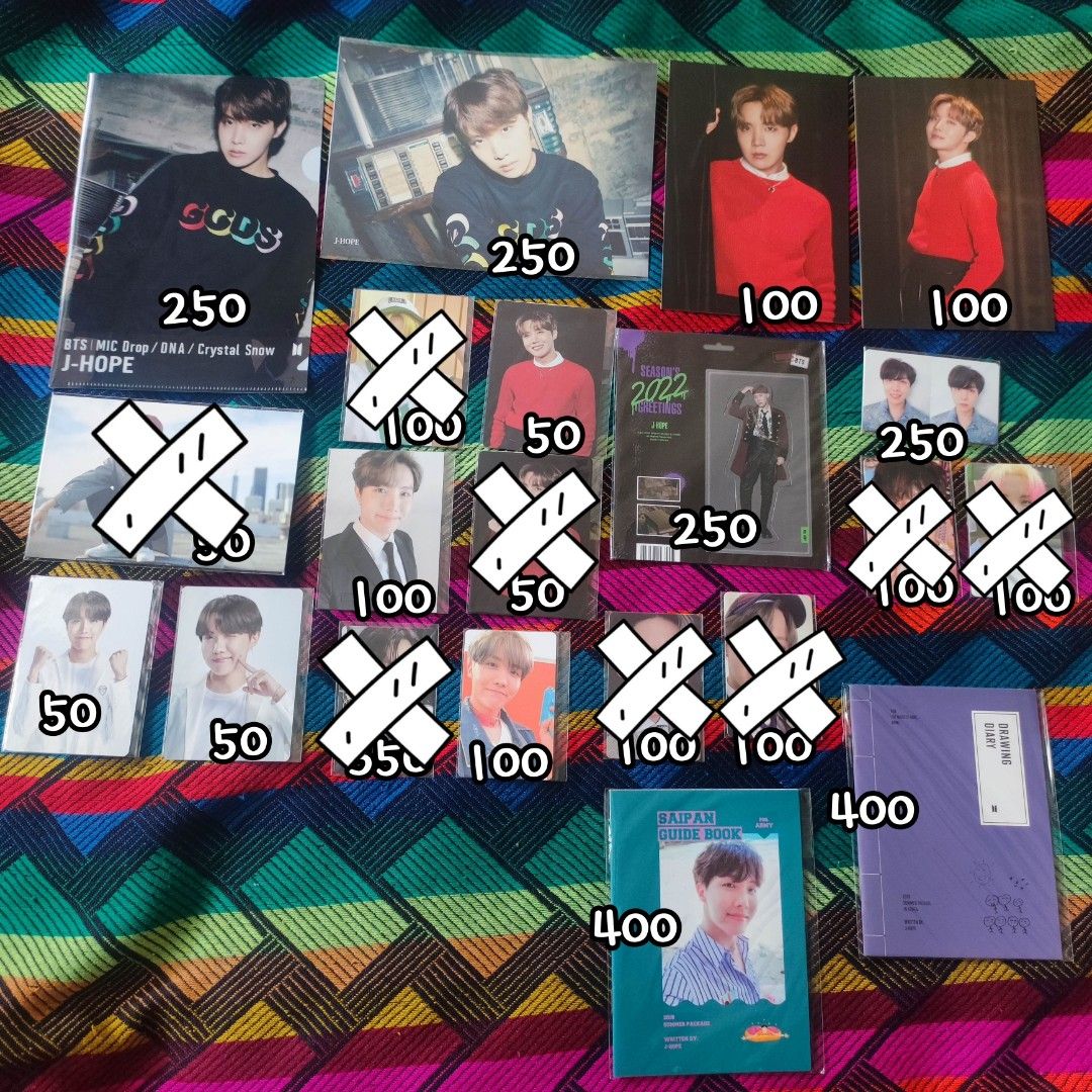 Official BTS J-Hope Photocards [Prices on pic] (Category: K-Wave Merchandise) located in Pasig City. Submitted by bloombaby.co (Listing ID 1399237337, Image 2). Description: - Authentic J-Hope photocards available! - Prices clearly indicated on each photo. - Various albums and collections represented. - Message me for inquiries or to reserve your photocard..