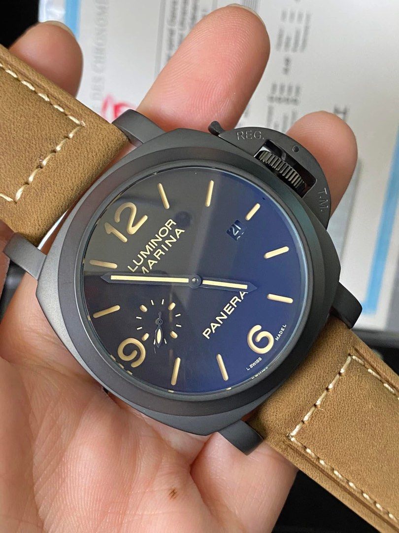 Panerai Luminor Marina Watch Automatic Complete (Category: Men's Watches) located in Manila. Submitted by jessy0114 (Listing ID 1399287839, Image 3). Description: - Panerai Luminor Marina watch - Black dial with luminous hands and markers - Visible movement on the back - Comes with a brown leather strap - Includes box and papers - Extra strap included - Strap adjustment tool included.