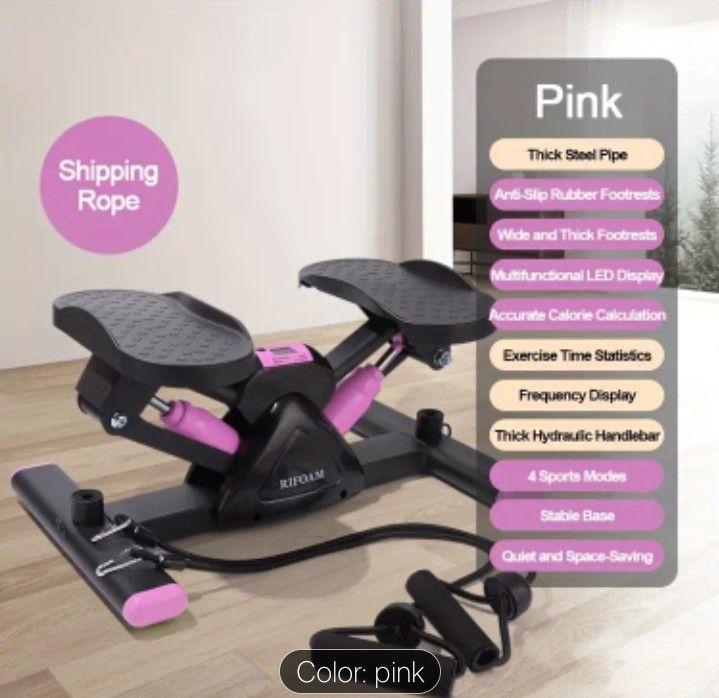 Pink Stepper with Shipping Rope (Category: Cardio & Fitness Machines) located in Daraga. Submitted by declutter.with_me (Listing ID 1399313888, Image 1). Description: - Pink stepper with a durable steel frame. - Anti-slip rubber footrests for safety. - Multifunctional LED display: tracks calories, time, and frequency. - Features 4 sports modes. - Includes a thick hydraulic handlebar. - Stable and quiet operation. - Space-saving design. - Comes wi