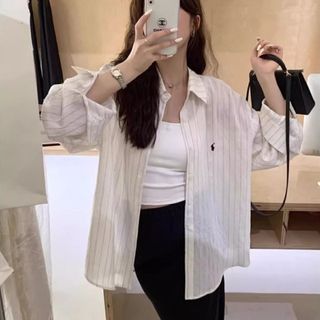 Polo Ralph Lauren 條紋防曬襯衫女夏季天輕薄款外套純棉麻開衫外搭寬鬆長袖亞麻襯衣 Shirts Blouse64227739847169110