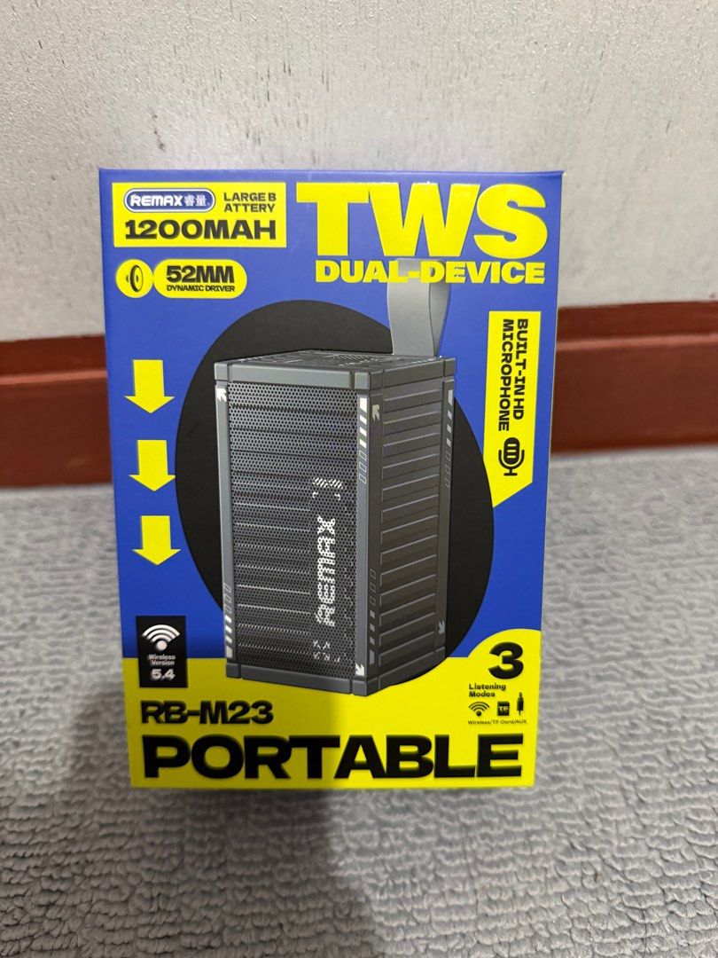 Remax RB-M23 Portable TWS Speaker (Category: Soundbars, Speakers & Amplifiers) located in Navotas City. Submitted by amv1998 (Listing ID 1399440406, Image 1). Description: - Remax RB-M23 Portable Speaker - TWS Dual-Device Speaker - Built-in HD Microphone - 1200mAh Battery - 52mm Dynamic Driver - Wireless Pairing - 3 Listening Modes: Wireless, TF Card, AUX - Easy to Carry.