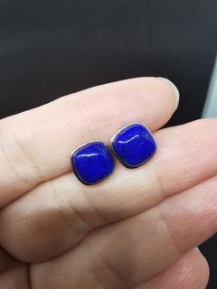 S925純銀 銀鑲 老礦阿富汗 青金石 方形泡泡珠 耳釘 耳環 生日禮物 情侶 男女適 ( 9x9mm)64222830620419110