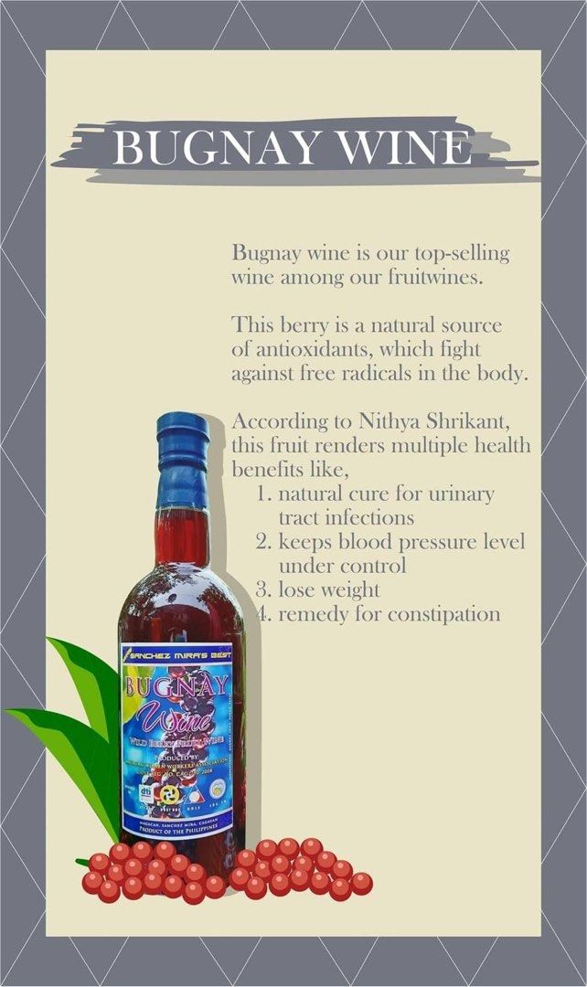 Sanchez Mira's Best Bugnay Wine (Category: Beverages) located in Manila. Submitted by _cdgv (Listing ID 1399351424, Image 2). Description: - Sanchez Mira's Best Bugnay Wine - Wild berry fruit wine from the Philippines - Made from bugnay berries - Known for antioxidant properties - Potential health benefits: urinary tract infections, blood pressure, weight loss, and constipation - Produced by Cringe Fruitti Wine Open for resellers. PM if intereste
