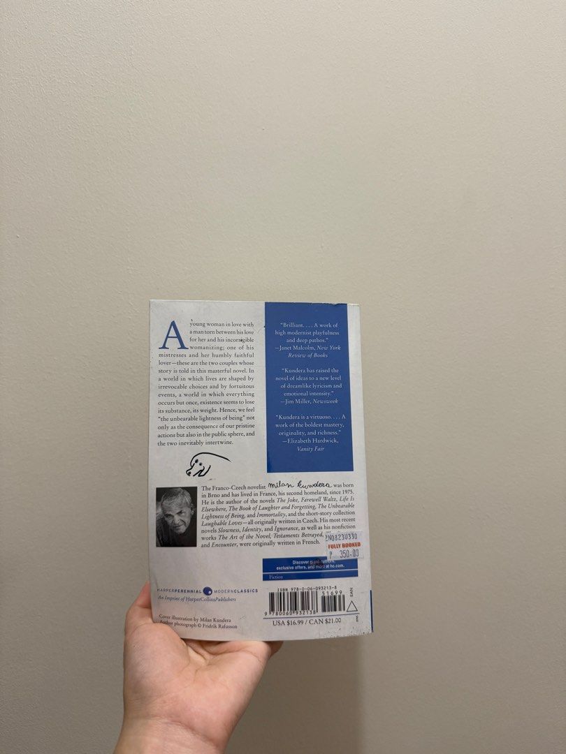The Unbearable Lightness of Being (Category: Storybooks) located in Cavite. Submitted by moja_joe (Listing ID 1399385145, Image 3). Description: - bought from Fully Booked, plastic wrapped after buying - tiny flaws in exterior but no ruined pages, everything is clear and readable.