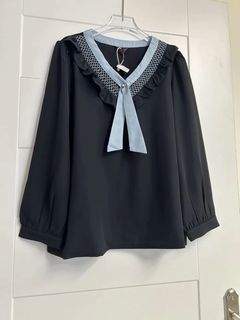 換季清屋全新黑色V領蝴蝶結雪紡上衣64224418965762110