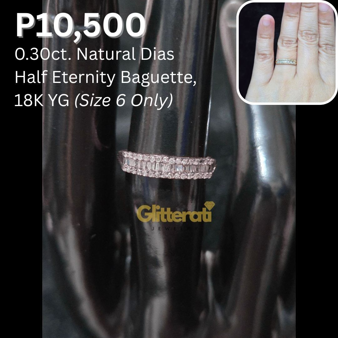 0.30ct. Natural Diamond Half Eternity Ring 6 (Category: Rings) located in Quezon City. Submitted by karlleseshops (Listing ID 1399591254, Image 1). Description: ❗️New 0.30carats Natural Diamonds Half Eternity Baguette Ring YG 💍 weight: 0.69g. approx 🔖P10,500 + delivery fee size 6 available 18k YG with natural dias, with diamond certificate price is per 1 piece not per gram + delivery fee COD for LBC ONLY. shipping fee lang muna paunang babayara