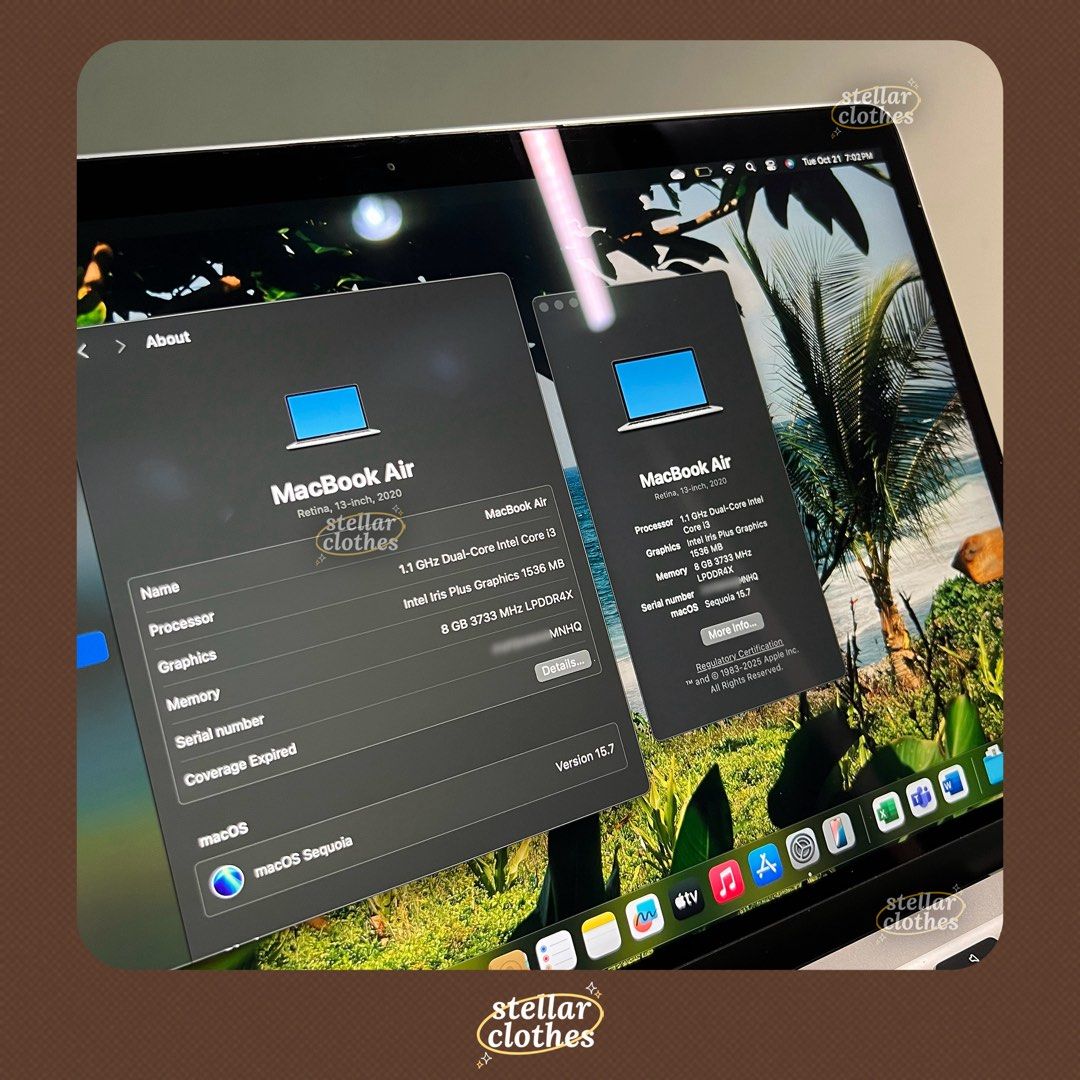 13-inch Macbook Air 2020 (Category: Laptops & Notebooks) located in Bulacan. Submitted by stellarclothes (Listing ID 1399565312, Image 2). Description: • Processor: 1.1GHz dual-core 10th-generation Intel Core i3 • Storage: 256 GB • RAM: 8 GB • Graphics: Intel Iris Plus Graphics • macOS: Sequoia 15.7 • Battery Health: Normal (81.8% when computed using Terminal) • Cycle Count: 606 • Bought in October 2020 from Power Mac Center • Still operates well