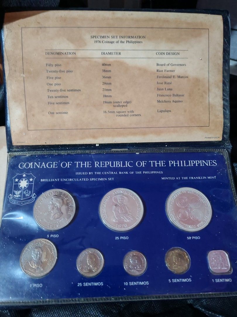 1976 Specimen Set (Category: Vintage Collectibles) located in Manila. Submitted by dlscctrading2 (Listing ID 1399623434, Image 2). Description: Complete set in original packaging with outside box More rare than the Franklin Mint edition.